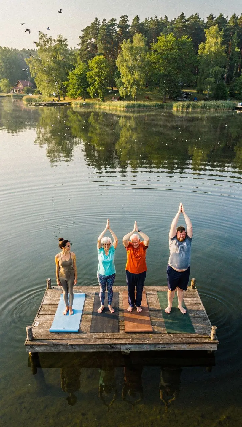 Grupa ludzi praktykujących jogę na plaży wczesnym rankiem, otoczona naturą.