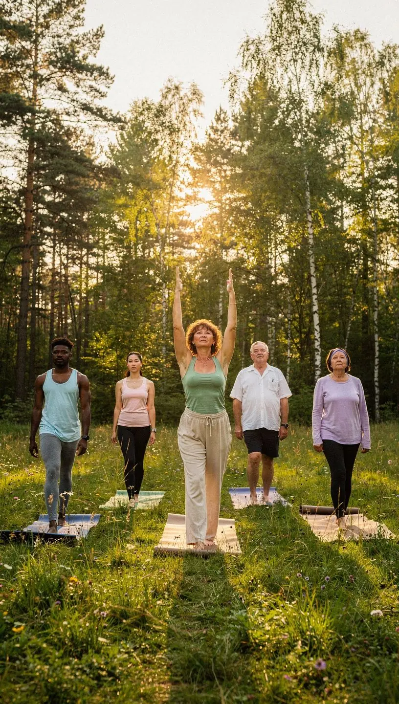 Poranna sesja jogi z osobą wykonującą powitanie słońca na tle wschodzącego słońca.