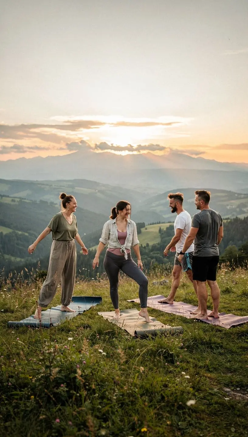 Grupa ludzi praktykujących jogę na zielonej łące, uśmiechniętych i pełnych energii.
