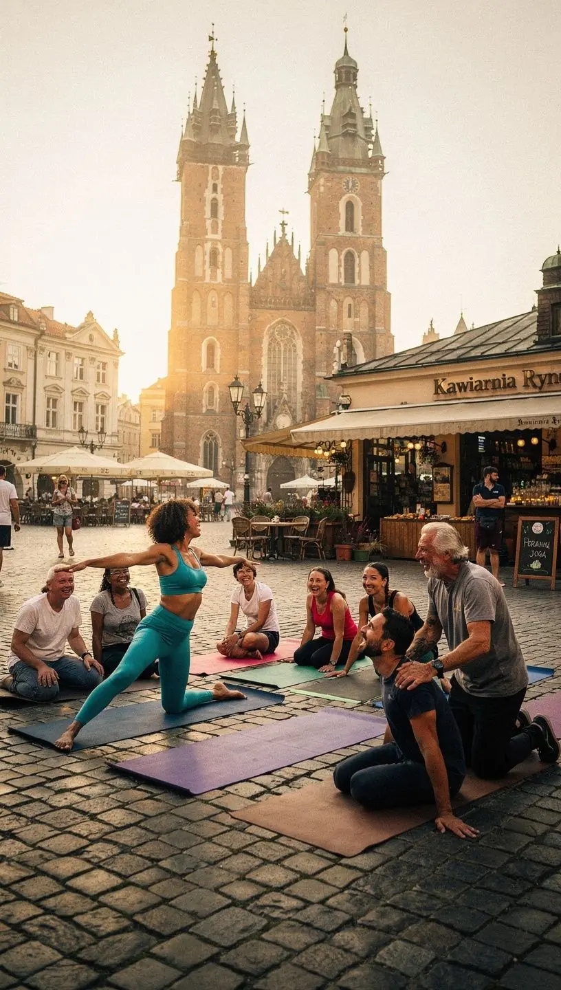 Mężczyzna wykonujący dynamiczne przejścia jogi w parku, z drzewami w tle.