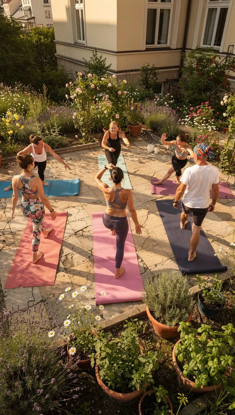 Grupa ludzi praktykujących jogę na zielonej łące, uśmiechniętych i pełnych energii.