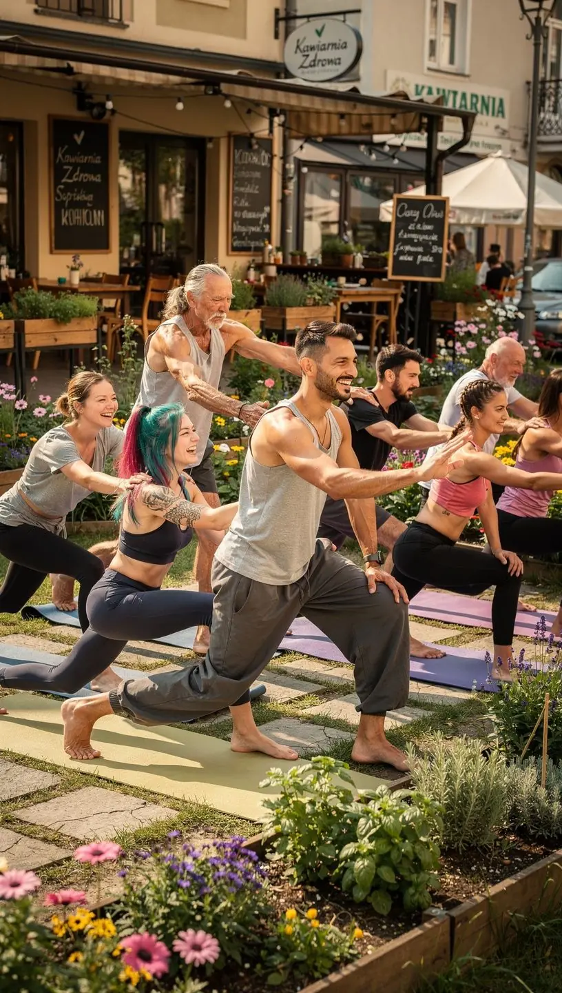 Grupa ludzi praktykujących jogę na zielonej łące, uśmiechniętych i pełnych energii.