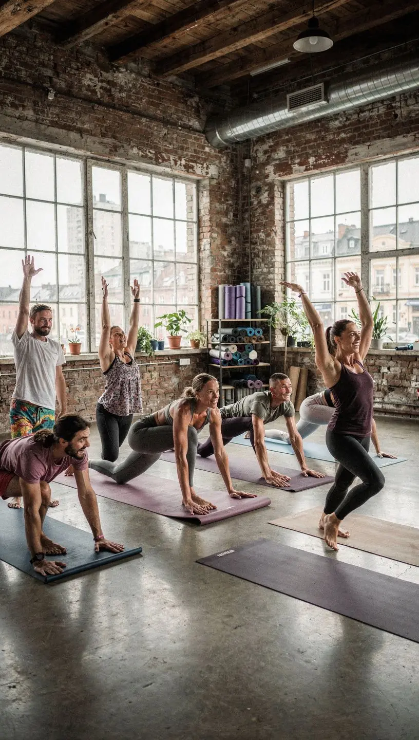 Grupa ludzi praktykujących jogę na zielonej łące, uśmiechniętych i pełnych energii.