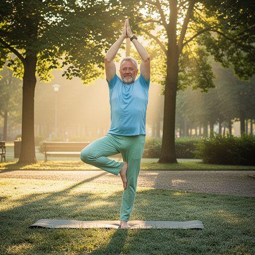 Zbliżenie na stopy osoby w pozycji lotosu, w otoczeniu zieleni.