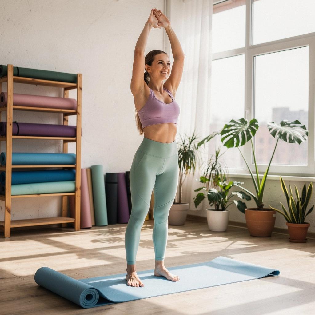 Osoba medytująca na macie do jogi w spokojnym, oświetlonym słońcem pomieszczeniu.