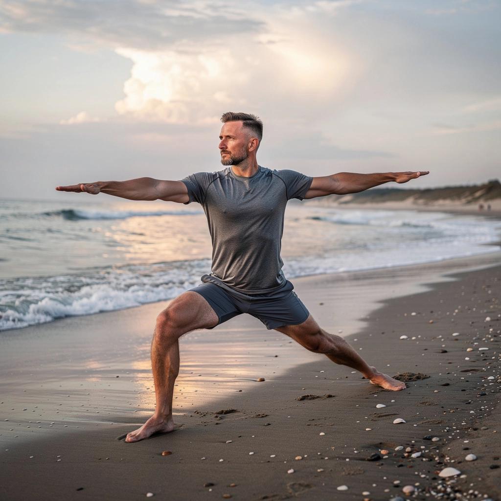 Widok na grupę uczestników jogi, którzy synchronizują ruchy podczas powitania słońca.