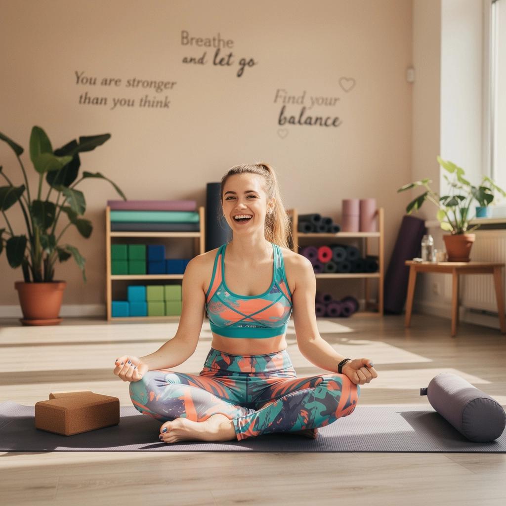 Kobieta wykonująca asanę w lesie, z promieniami słońca przenikającymi przez drzewa.