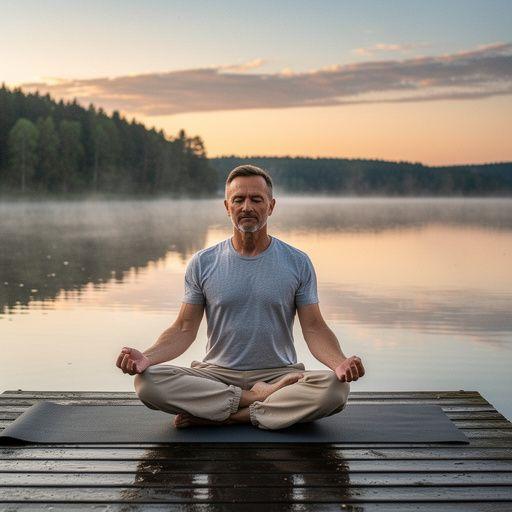 Zestaw akcesoriów do jogi, takich jak mata, blok i pasek, przygotowanych do porannej sesji.